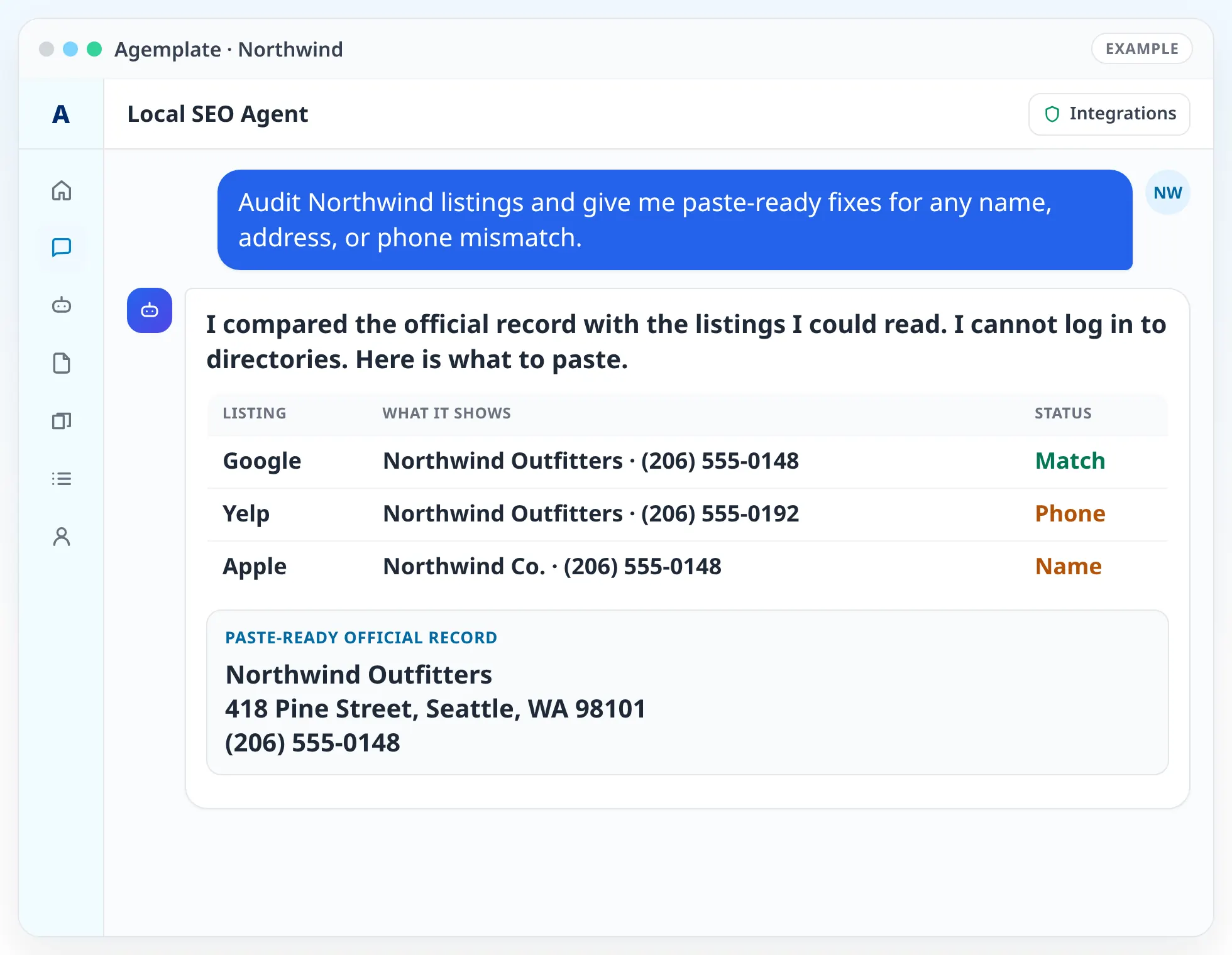 Agemplate chat with the Local SEO Agent showing a sample Northwind listing audit, NAP mismatches, and paste-ready fixes.