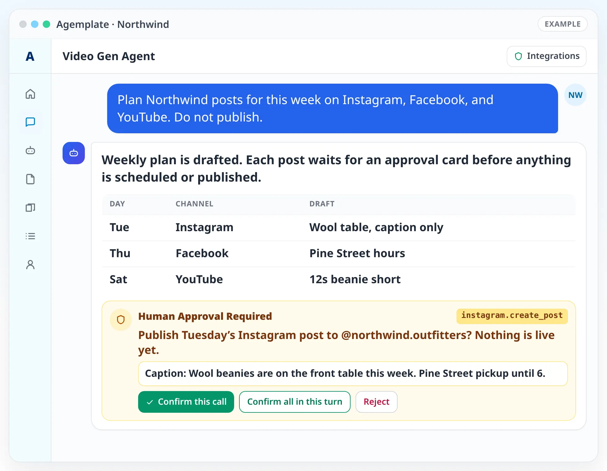 Agemplate chat with the Video Gen Agent showing a sample Northwind weekly plan for Instagram, Facebook, and YouTube, with publish waiting for approval.
