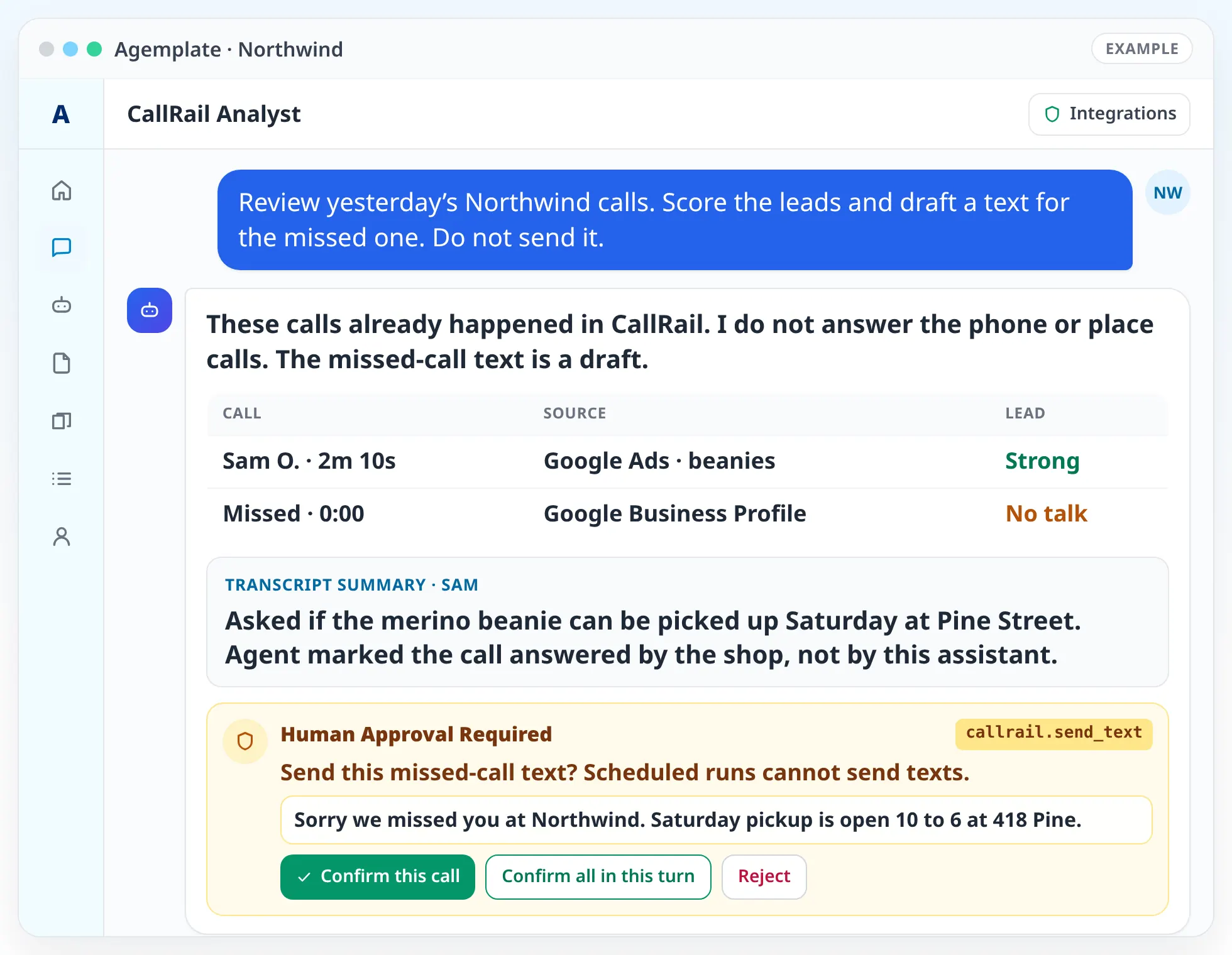 Agemplate chat with the CallRail Analyst showing a sample Northwind call list, transcript summary, lead score, and a missed-call text waiting for approval. The agent does not answer calls.