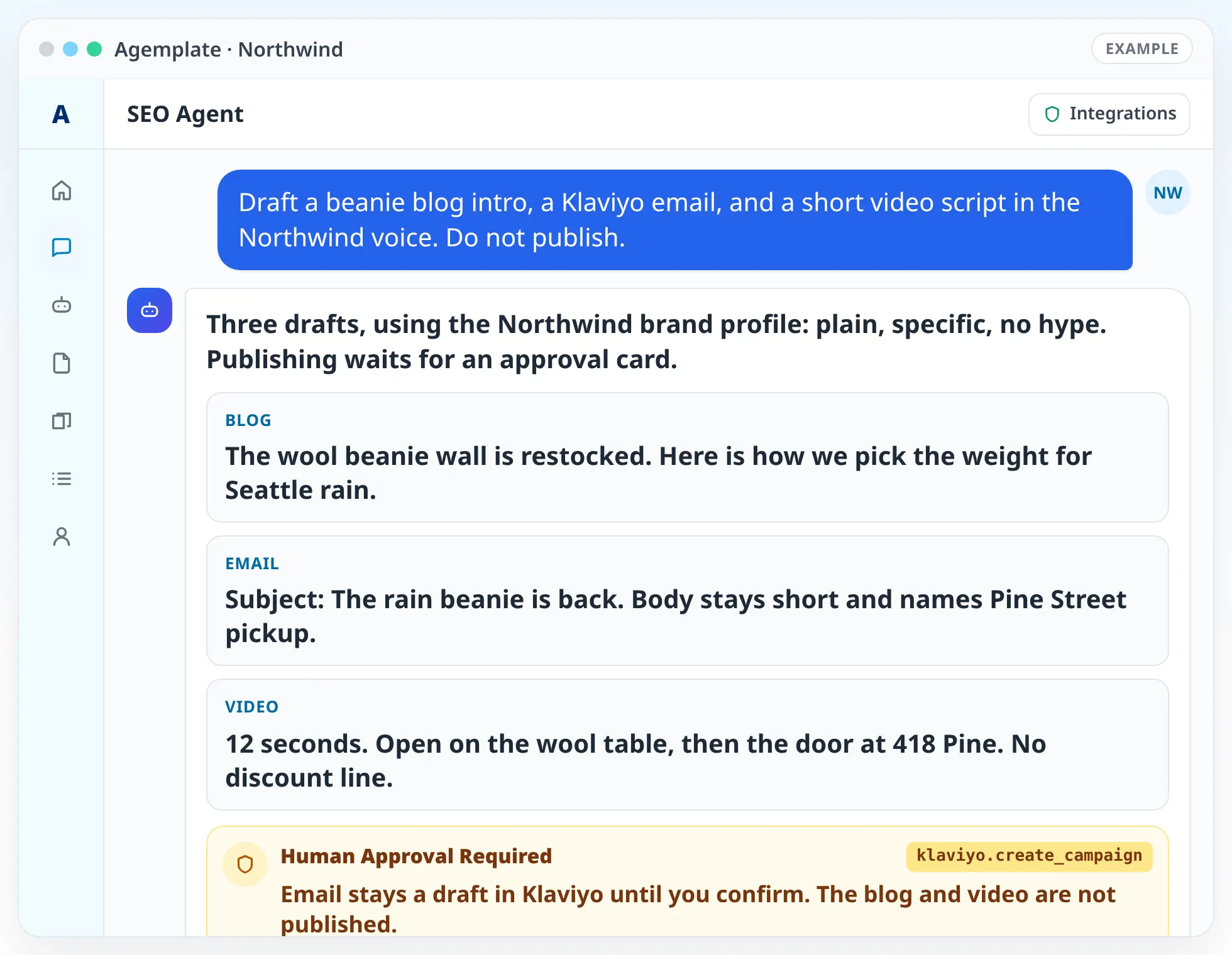 Agemplate chat with the SEO Agent showing sample Northwind blog, email, and video drafts, with email send waiting for approval.