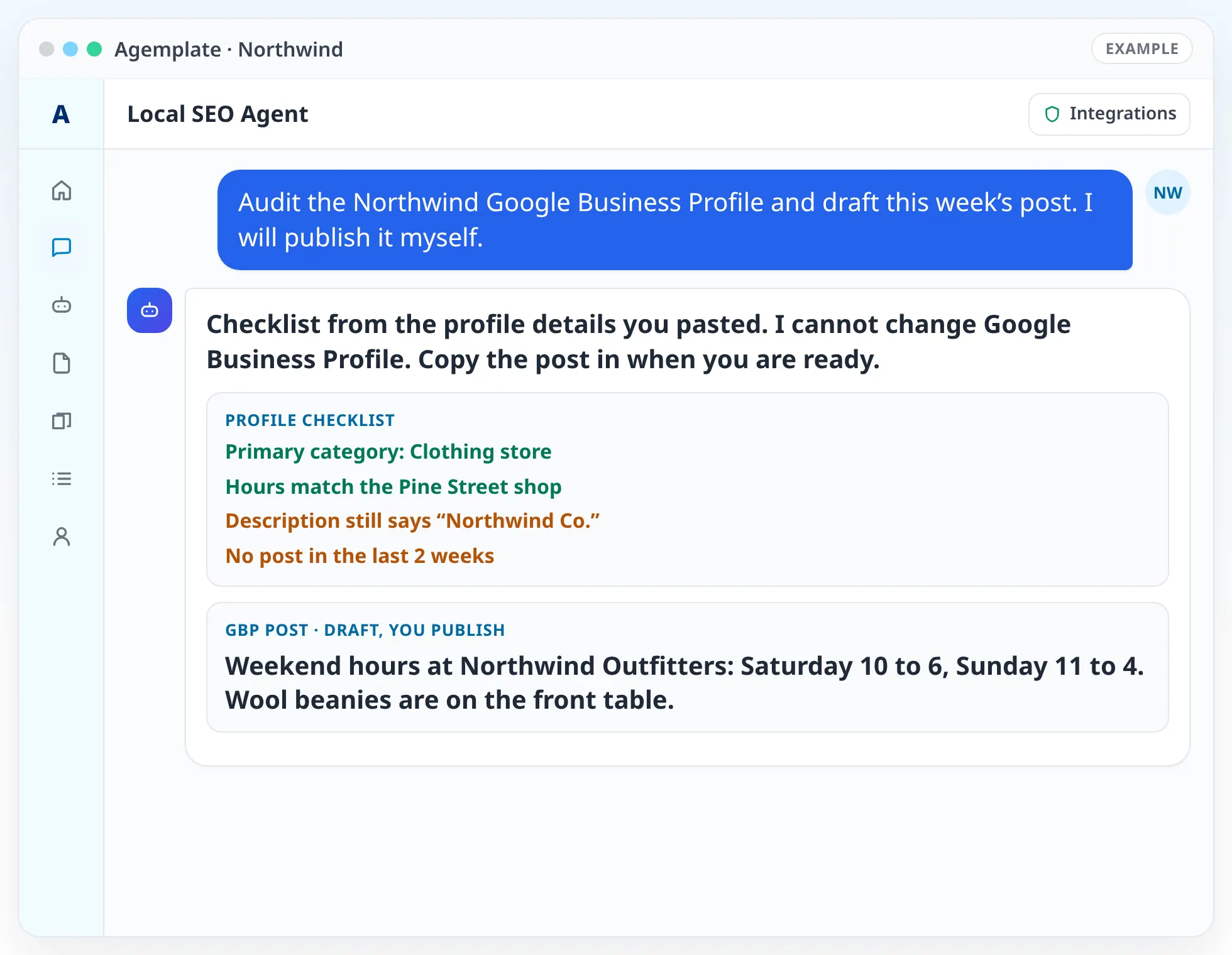 Agemplate chat with the Local SEO Agent showing a sample Northwind Google Business Profile checklist and a post draft you publish yourself.