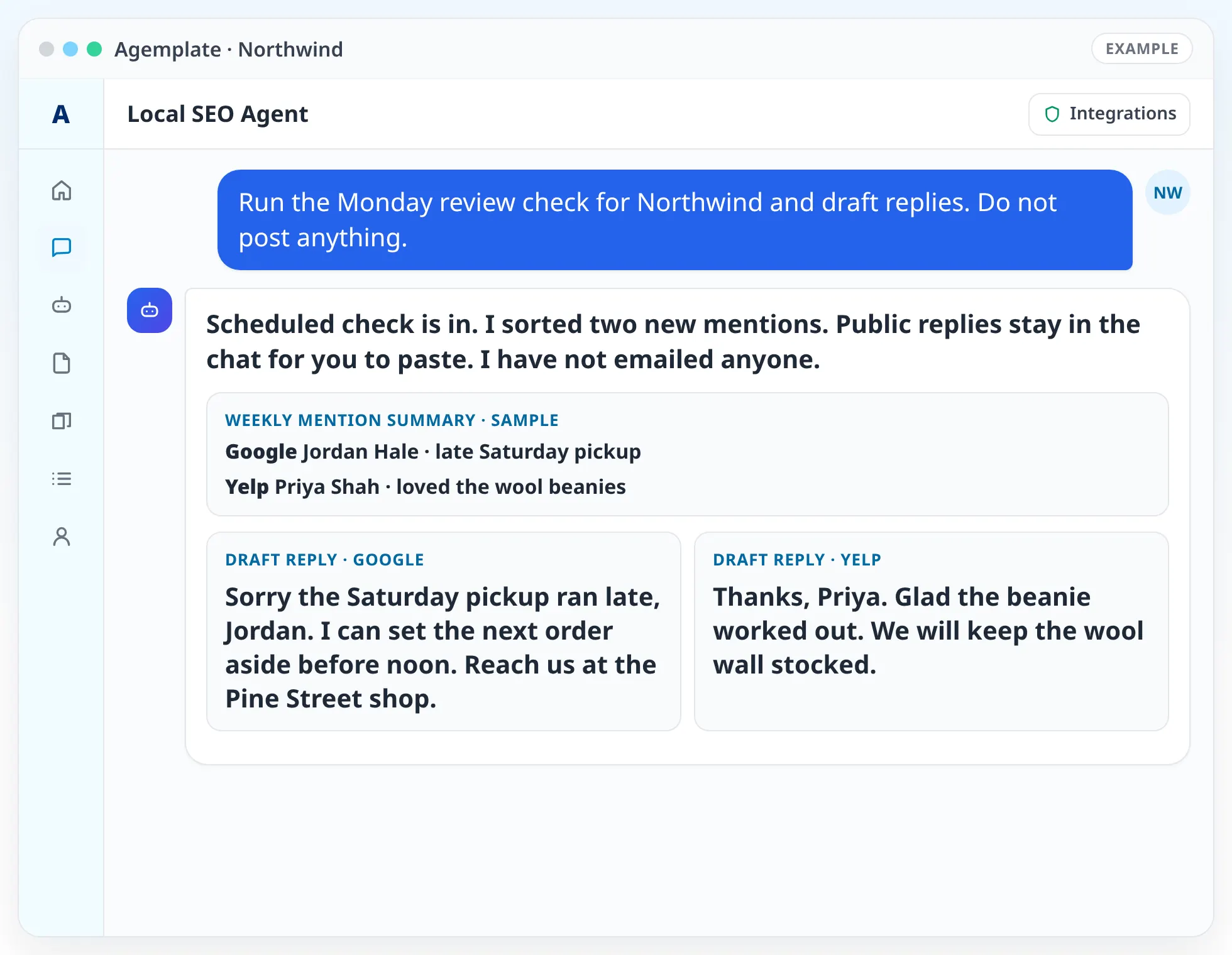 Agemplate chat with the Local SEO Agent showing a sample Northwind review check and drafted replies that you post yourself.