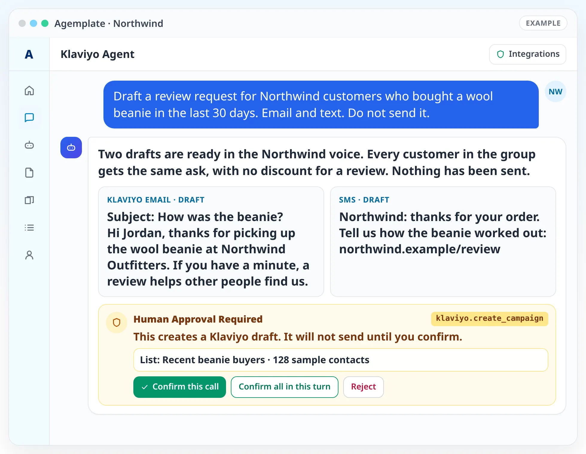 Agemplate chat with the Klaviyo Agent showing a sample Northwind review-request email and text, waiting on an approval card before anything sends.