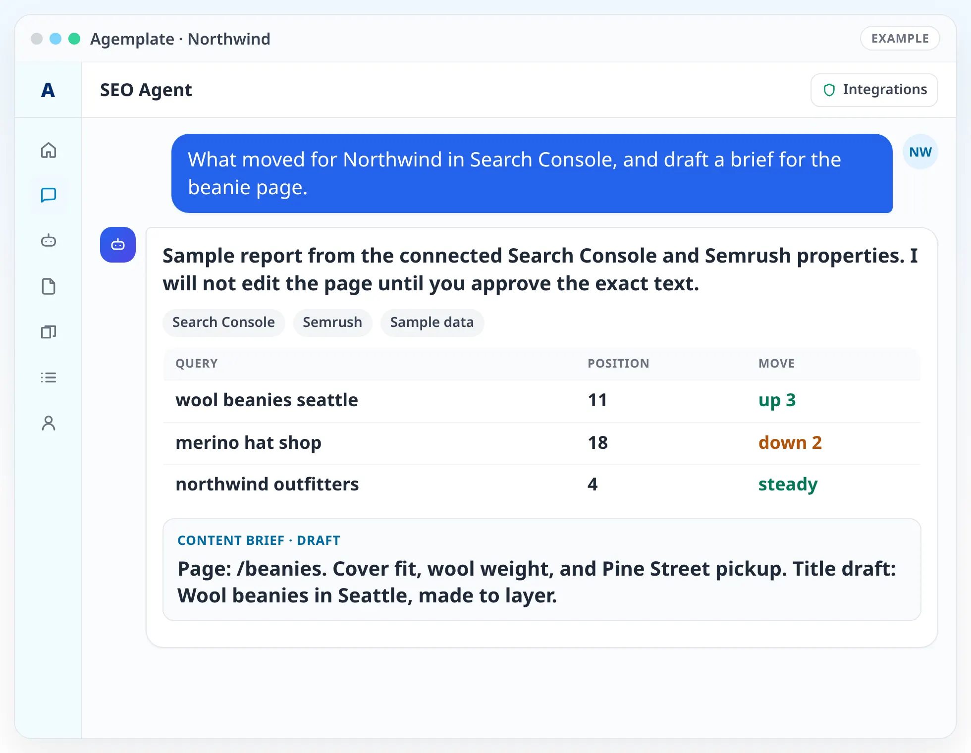 Agemplate chat with the SEO Agent showing a sample Northwind Search Console report and a beanie page content brief.