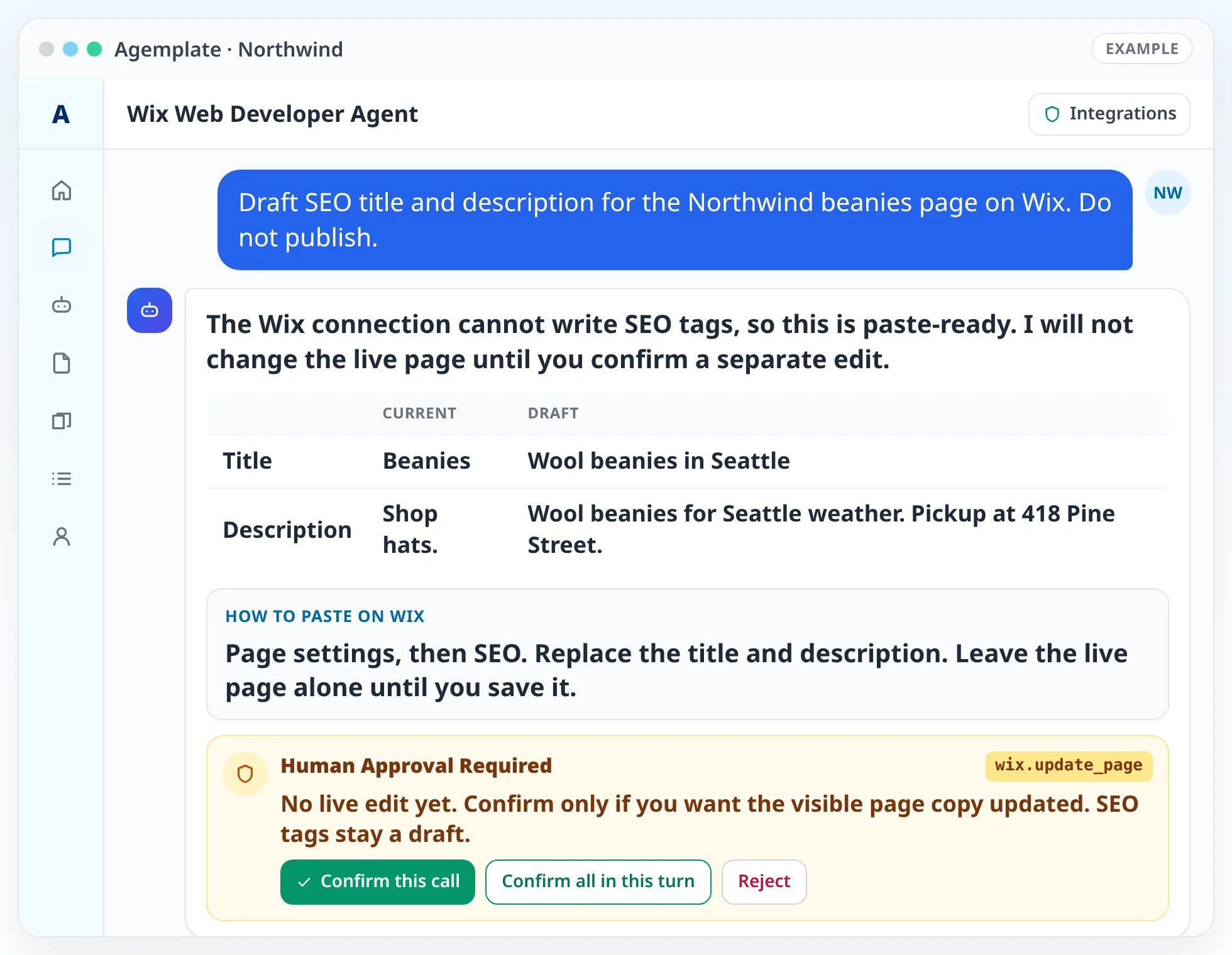 Agemplate chat with the Wix Web Developer Agent showing sample Northwind SEO title and description drafts waiting for approval.