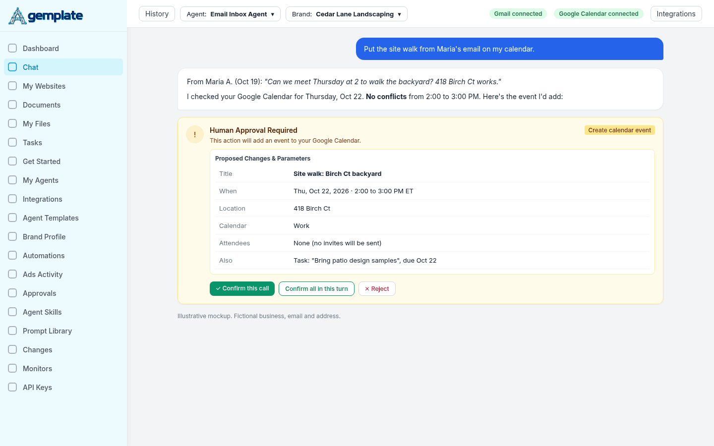 Agemplate email agent proposing a Google Calendar event from a customer email, waiting for approval